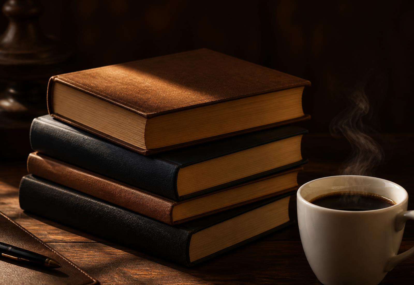 A stack of hardback books beside a cup of hot coffee
