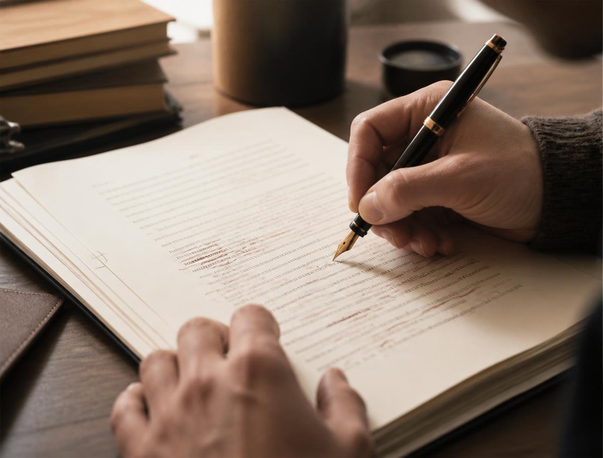 An editor marking up a manuscript with a fountain pen
